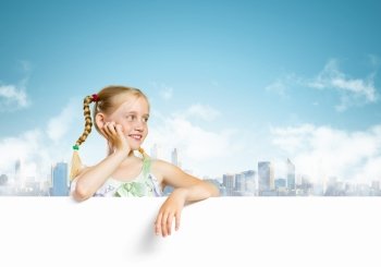 Kid with banner. Image of cute girl with blank white banner. Place for text