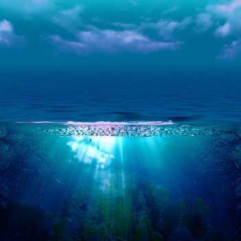 Abstract marine backgrounds with sun beam and underwater landscape