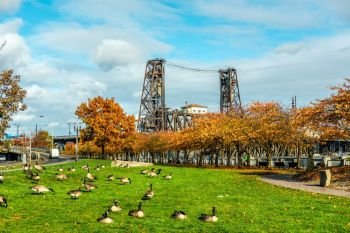 Portland city at autumn, Steel Bridge, Oregon, USA.