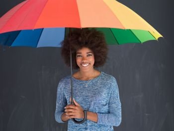 Portrait of young beautiful african american woman holding a colorful umbrella isolated on a gray background