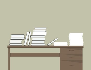 Books and paper on the table. Vector illustration