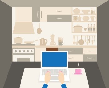The laptop is in the kitchen. Vector illustration
