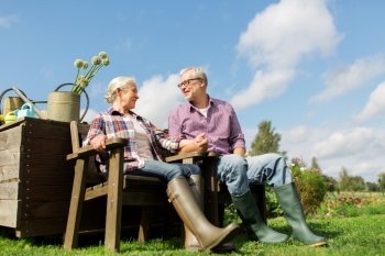 farming, gardening, old age and people concept - happy senior couple at summer farm