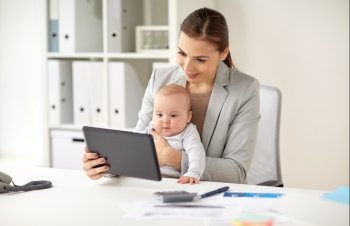 business, motherhood, multi-tasking, family and people concept - happy smiling businesswoman with baby and tablet pc computer working at office