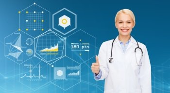 healthcare, people and medicine concept - smiling female doctor with stethoscope showing thumbs up over blue background and charts. smiling female doctor showing thumbs up