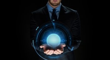 business, virtual reality, people and future technology concept - close up of businessman in suit with projection. close up of businessman with virtual projection