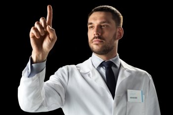 medicine, science, healthcare and people concept - doctor or scientist in white coat over black background. doctor or scientist in white coat