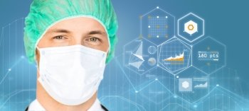 surgery, medicine, healthcare and people concept - surgeon in surgical mask and hat over blue background and virtual charts. surgeon in surgical mask and hat over charts