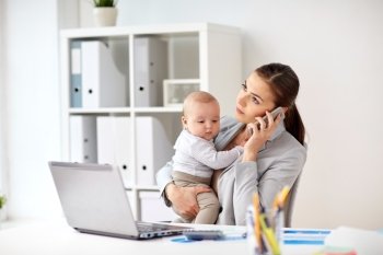 business, motherhood, multi-tasking, family and people concept - businesswoman with baby calling on smartphone at office. businesswoman with baby and smartphone at office