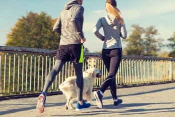 fitness, sport, people and jogging concept - close up of couple with dog running outdoors. close up of couple with dog running outdoors