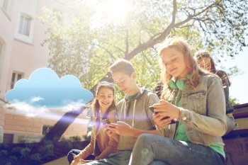 technology, cloud computing and people concept - group of happy teenage friends with smartphone and headphones outdoors. teenage friends with smartphone and headphones. teenage friends with smartphone and headphones