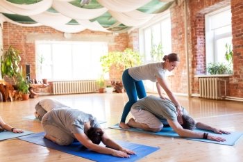 fitness, sport and healthy lifestyle concept - group of people with personal trainer doing yoga exercises on mats in gym or studio. group of people doing yoga exercises at studio. group of people doing yoga exercises at studio