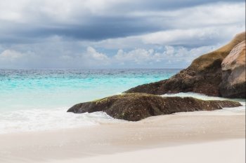 travel, seascape and nature concept - island beach in indian ocean on seychelles. island beach in indian ocean on seychelles. island beach in indian ocean on seychelles
