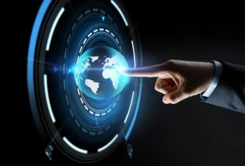 business, people, mass media and technology concept - close up of businessman hand pointing finger to virtual earth projection over black background. hand pointing finger to virtual earth projection