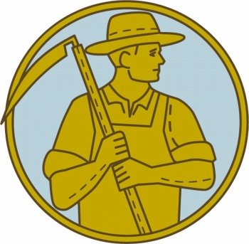 Mono line style illustration of an organic farmer farm worker holding scythe looking to the side set inside circle on isolated background.. Organic Farmer Scythe Looking Side Circle Mono Line