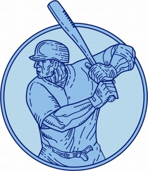 Mono line style illustration of an american baseball player batter hitter holding bat batting viewed from the side set inside circle on isolated background.. Baseball Player Batter Batting Circle Mono Line