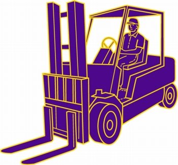 Mono line style illustration of a forklift truck with driver driving  viewed from the front set on isolated white background. . Forklift Truck Mono Line