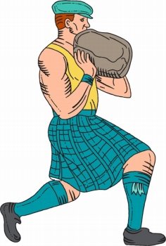 Drawing sketch style illustration of a Scottish heavy event highland games athlete engaged in stone throw viewed from the side set on isolated white background. . Stone Throw Highland Games Athlete Drawing