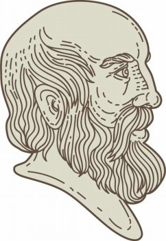 Mono line style illustration of the Greek philosopher Plato head viewed from the side set on isolated white background. . Plato Greek Philosopher Head Mono Line
