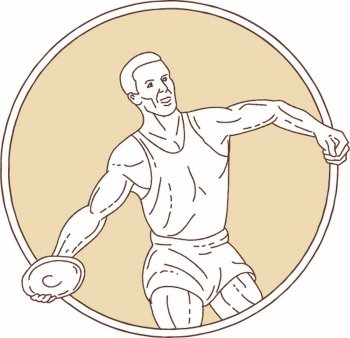 Mono line style illustration of a track and field discus thrower athlete throwing viewed from front set inside circle on isolated background.