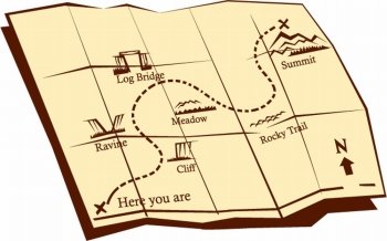 `Illustration of a folded Trail Map with “X” marks the spot , 