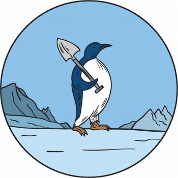 Mono line style illustration of an emperor penguin,Aptenodytes forsteri, a penguin species endemic to Antarctica carrying a shovel and walking on ice with snow mountains in background set inside circle. . Emperor Penguin Shovel Antartica Circle Mono Line