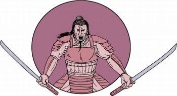 Drawing sketch style illustration of a raging Samurai warrior holding two swords viewed from front set inside oval on isolated background. . Raging Samurai Warrior Two Swords Oval Drawing