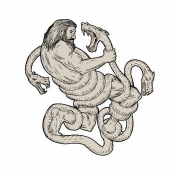 Illustration of Hercules Fighting  Lernaean Hydra done in hand sketch Drawing style.. Hercules Fighting  Lernaean Hydra  Drawing
