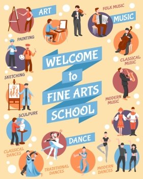 Fine Arts School Poster. Fine arts school poster with  art and dance symbols flat vector illustration