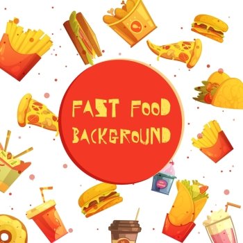 Fast Food  Decorative Background Retro Cartoon . Fast food restaurant menu items decorative background or frame retro cartoon advertisement poster abstract vector illustration 