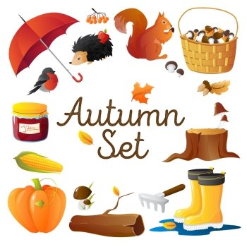 Autumn Icons Set Round Composition Poster . Round composition of autumn seasonal attributes with red umbrella  pumpkin mushrooms rakes and hedgehog isolated vector illustration 