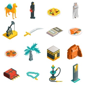 Saudi Arabia Isometric Touristic Icons Set. Saudi Arabia isometric touristic icons set with main arabian sights and elements in flat style vector illustration