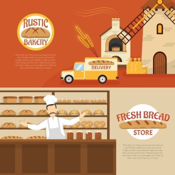 Bakery Horizontal Banners. Flat design rustic bakery and fresh bread store horizontal banners isolated vector illustration