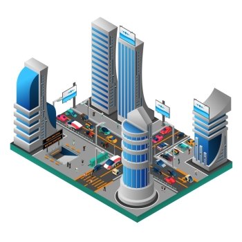 City Of Future Isometric Template. City of future isometric template with futuristic buildings skyscrapers cars people road metro station isolated vector illustration