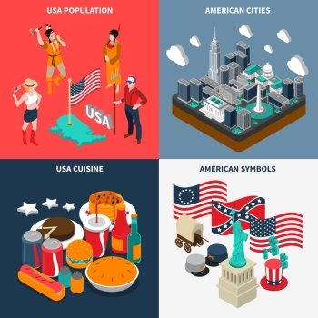 USA Touristic Concept Icons Set . USA touristic concept icons set with cuisine and population symbols isometric isolated vector illustration 