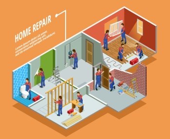 Home Repair Isometric Template. Home repair isometric template with painting carpentry  installation of toilet door and window  isolated vector illustration
