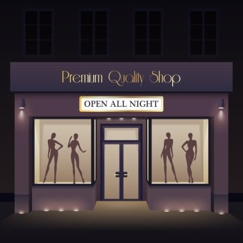 Beauty Store Front View Template. Beauty store front view template with door windows mannequin silhouettes at night vector illustration