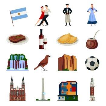 Argentina Symbols Flat Icons Collection . Argentina national landmarks attractions and food flat icons collection with clock tower and waterfalls isolated icons illustration 