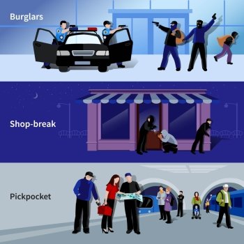 Burglar Icons Banners.  Horizontal armed burglars and criminals committing thefts in bank shop and metro flat banners isolated vector illustration