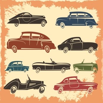 Retro Car Models Vintage Style Collection . Retro car models collection with vintage style autos on aged background abstract vector illustration
