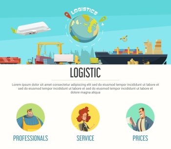 Logistics Page Design. Logistics page design with professionals and prices symbols cartoon vector illustration 