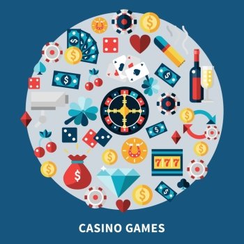 Casino Games Icons Round Composition. Casino icons round composition with chips cards coins dice cherry clover diamond symbols flat vector illustration
