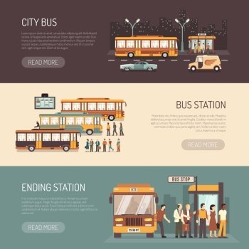 City Bus Flat Horizontal Banners Set . City bus public transport service information 3 flat horizontal banners with terminus depot station isolated vector illustration 