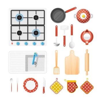 Kitchen Utensils Icons Set .  Kitchen utensils top view icons set with cooker fork and knife flat isolated vector illustration 