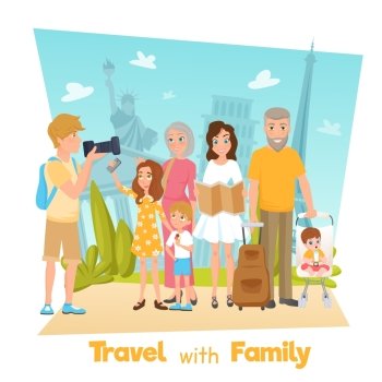 Family Travel Illustration. Happy family with children travelling and taking photos with famous sights cartoon vector illustration