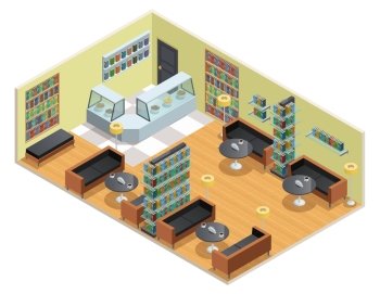 Library Isometric Illustration. Color isometric design of library interior with cafe table and bookshelves vector illustration