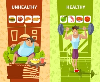 Healthy And Unhealthy Man Banners Set . Healthy and unhealthy man vertical banners set cartoon isolated vector illustration 