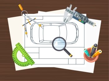 Production Line Element Poster. Top view poster of car production line element with drawing scheme special tools and stationery flat vector illustration 