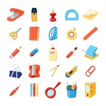 Colorful Stationery Icons Set. Colorful stationery icons set of various office supplies in flat style isolated vector illustration