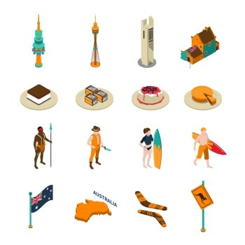 Australian Tourists Attraction Isometric Icons Set . Australian tourists attractions and national symbols isometric icons collection with desserts boomerang and surfers isolated vector illustration 